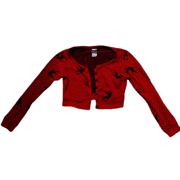 100% cotton Red Cropped Vintage Cardigan with Black Bird and Dot Print - Picture 4 of 8